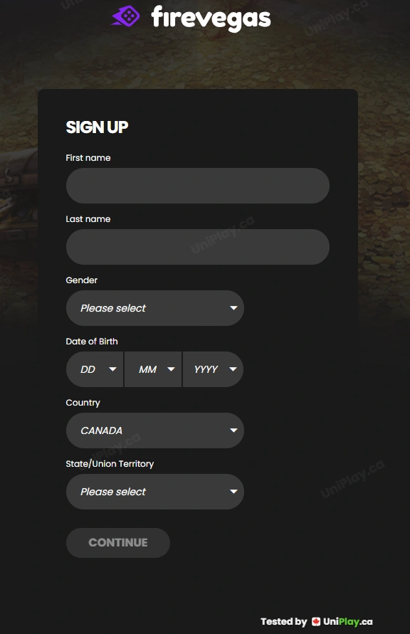 FireVegas — registration step 1