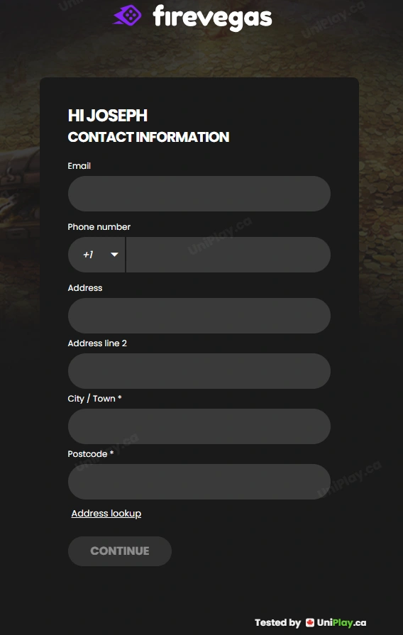 FireVegas — registration step 2