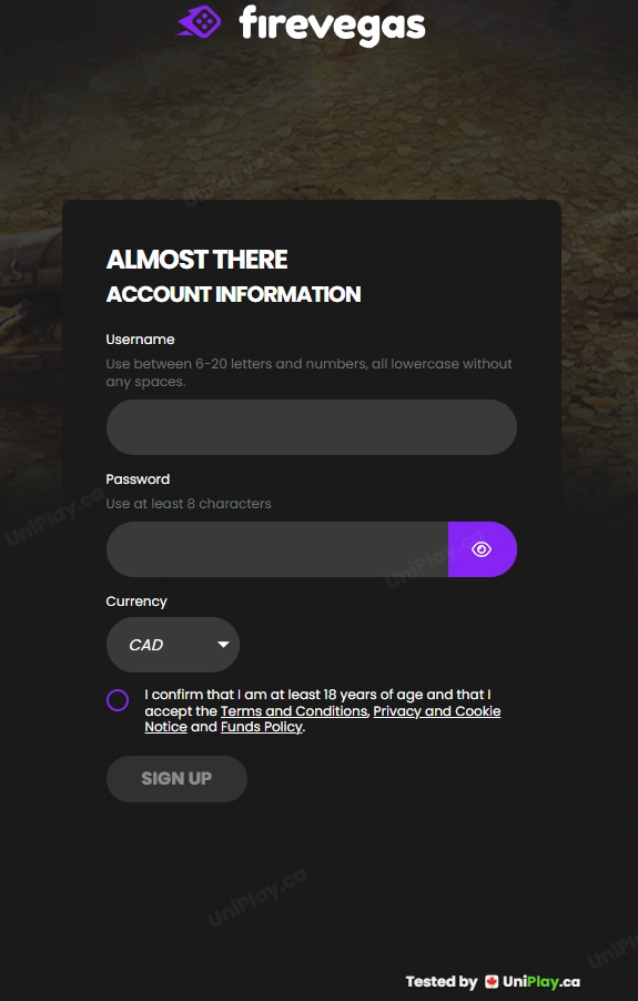FireVegas — registration step 3