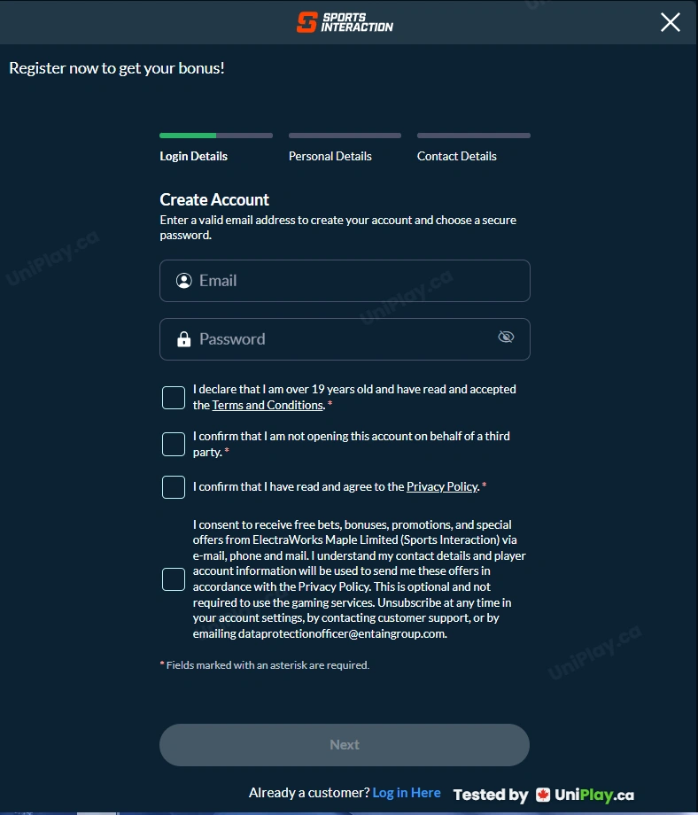 Sports Interaction — registration step 1