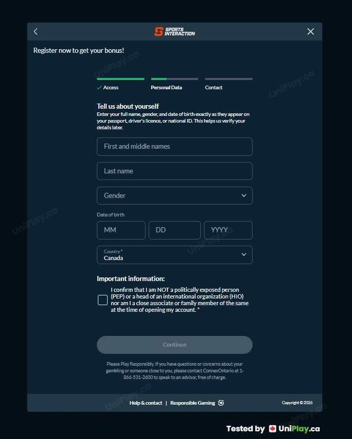 Sports Interaction — registration step 2