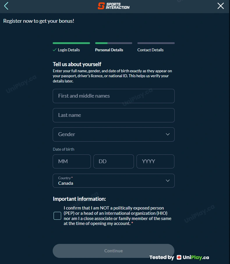 Sports Interaction — registration step 2