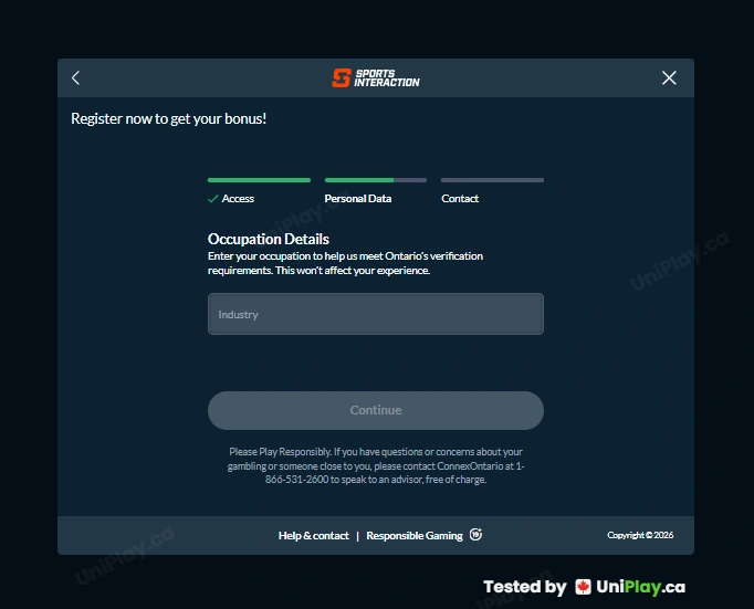 Sports Interaction — registration step 3