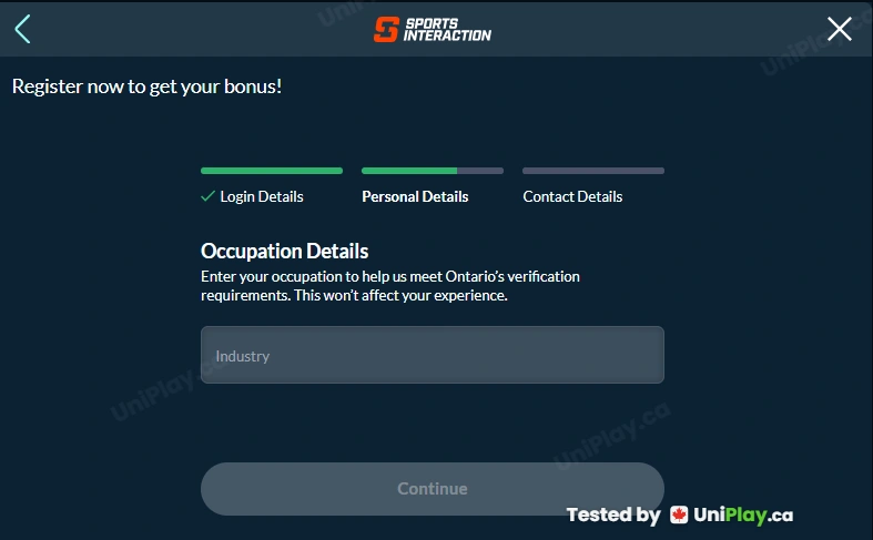 Sports Interaction — registration step 3