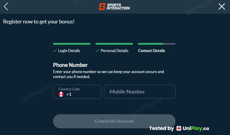 Sports Interaction — registration step 5