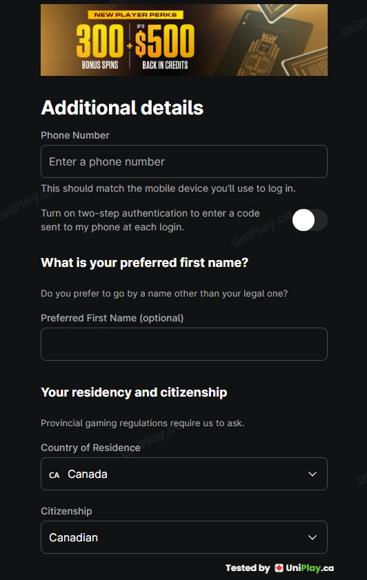 TheScore Casino — registration step 3