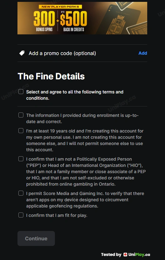 TheScore Casino — registration step 5