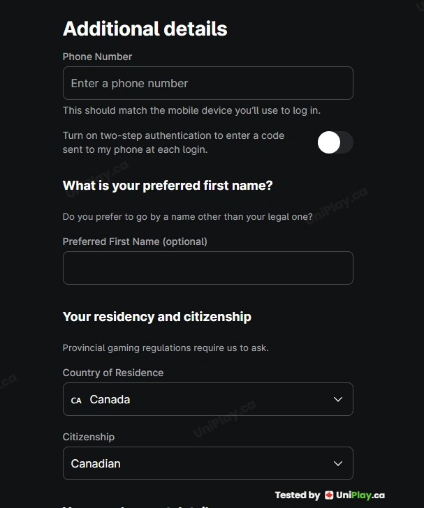 TheScore Bet — registration step 3