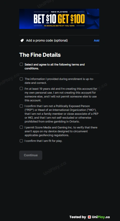 TheScore Bet — registration step 5