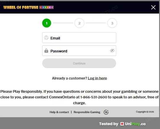 Wheel of Fortune Casino — registration step 1