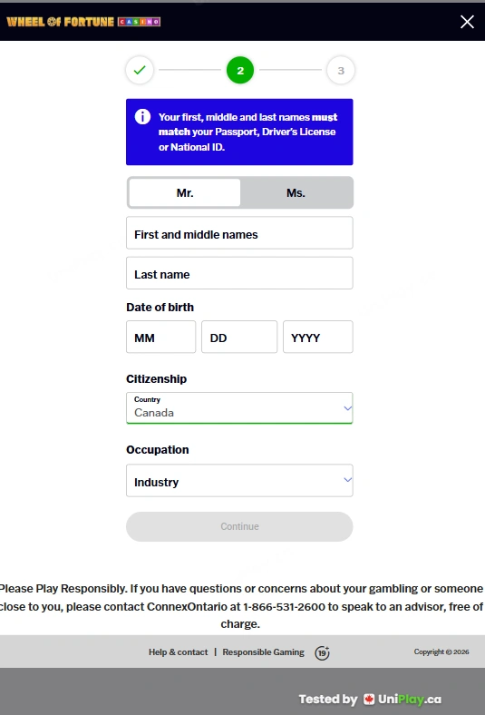 Wheel of Fortune Casino — registration step 2