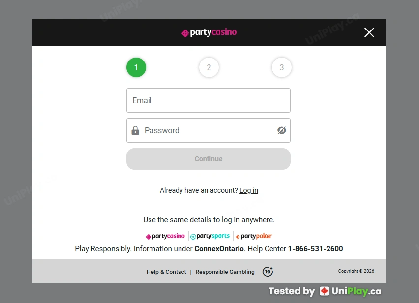 PartyCasino — registration step 1