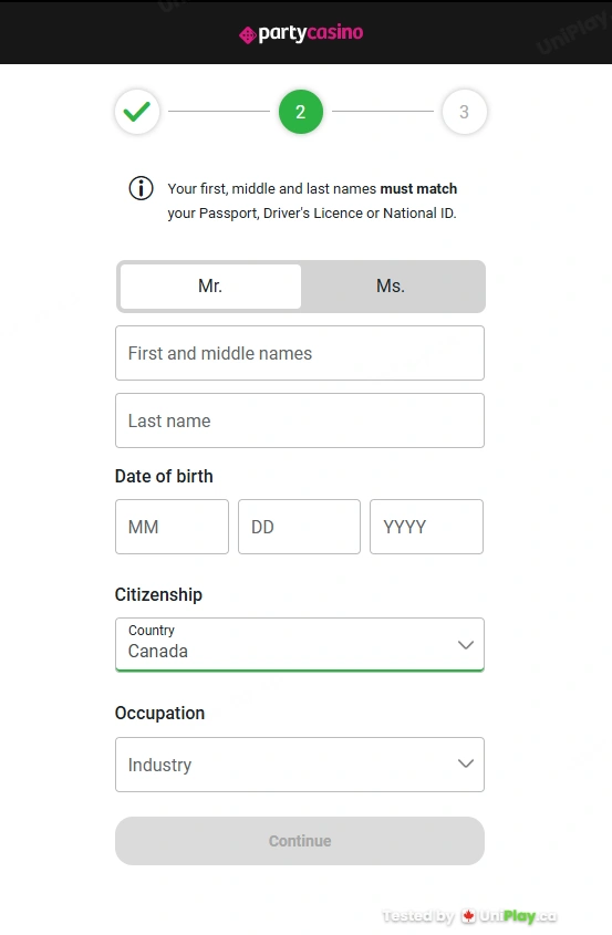 PartyCasino — registration step 2