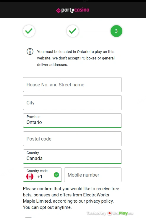 PartyCasino — registration step 3