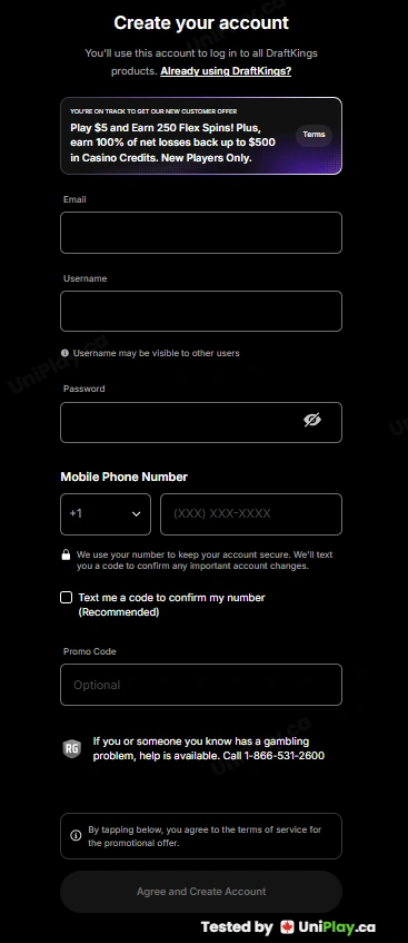DraftKings Casino — registration step 1