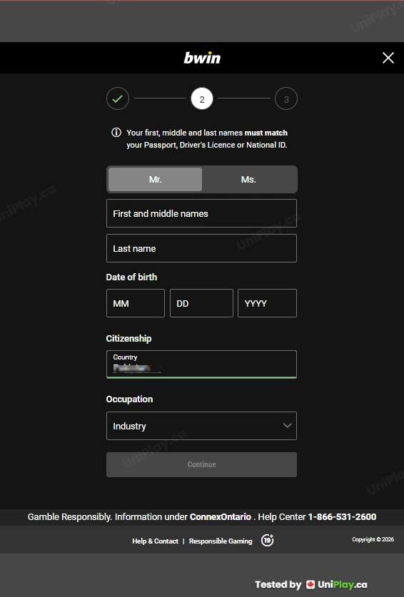 Bwin — registration step 2