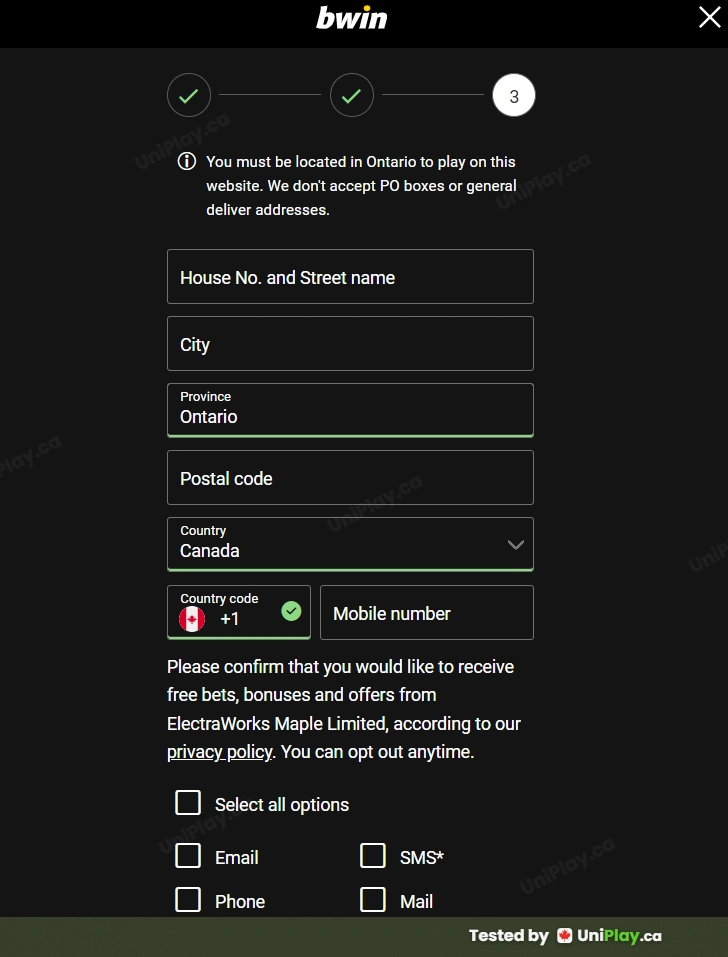 Bwin — registration step 3