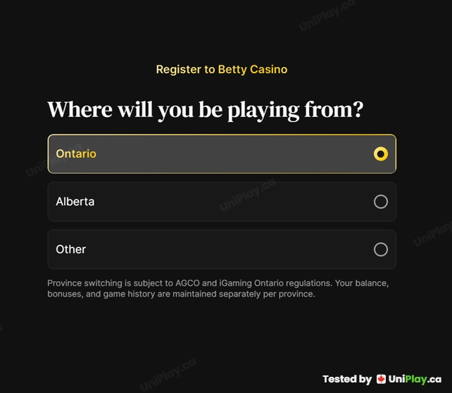 Betty Casino — registration step 1