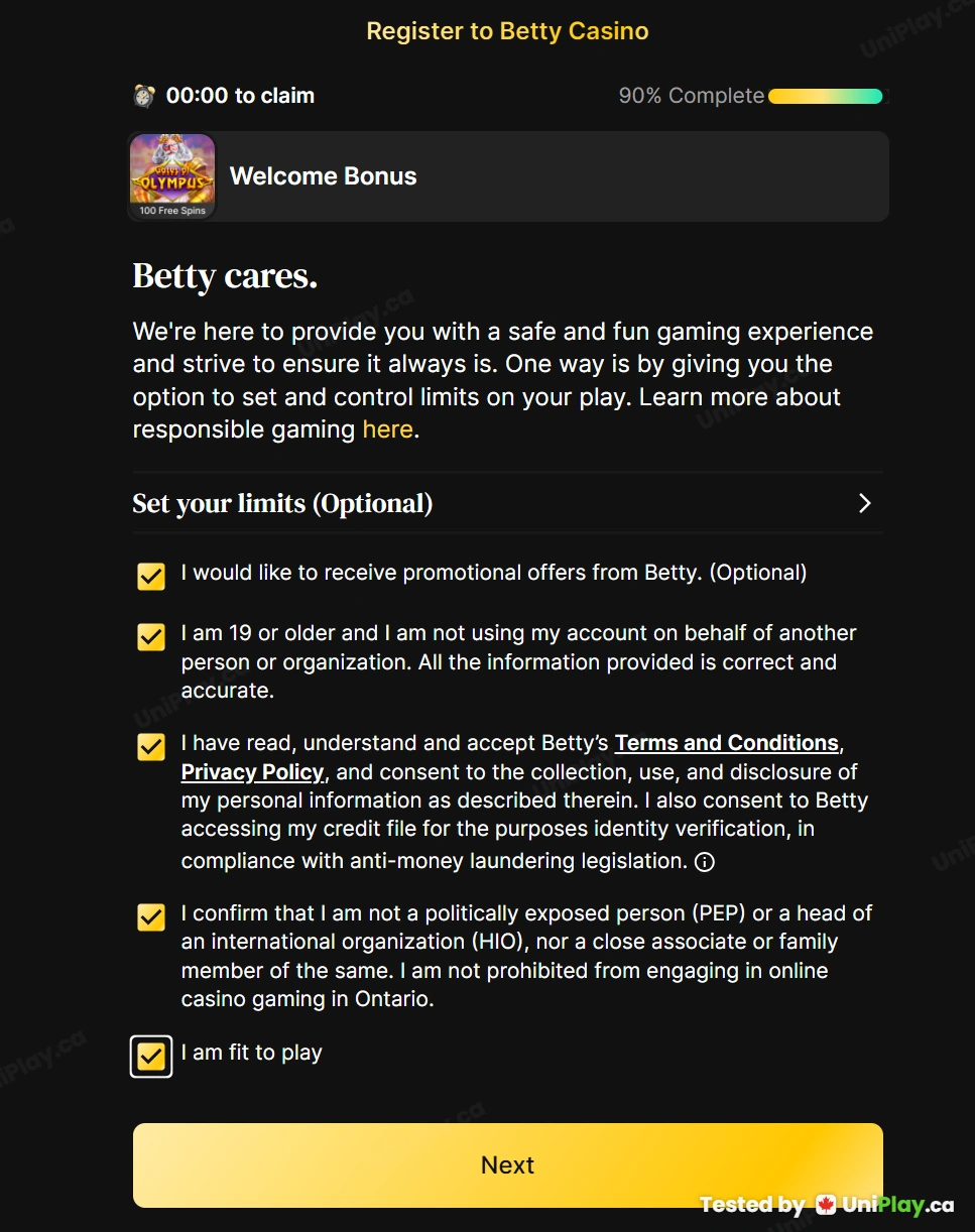 Betty Casino — registration step 10