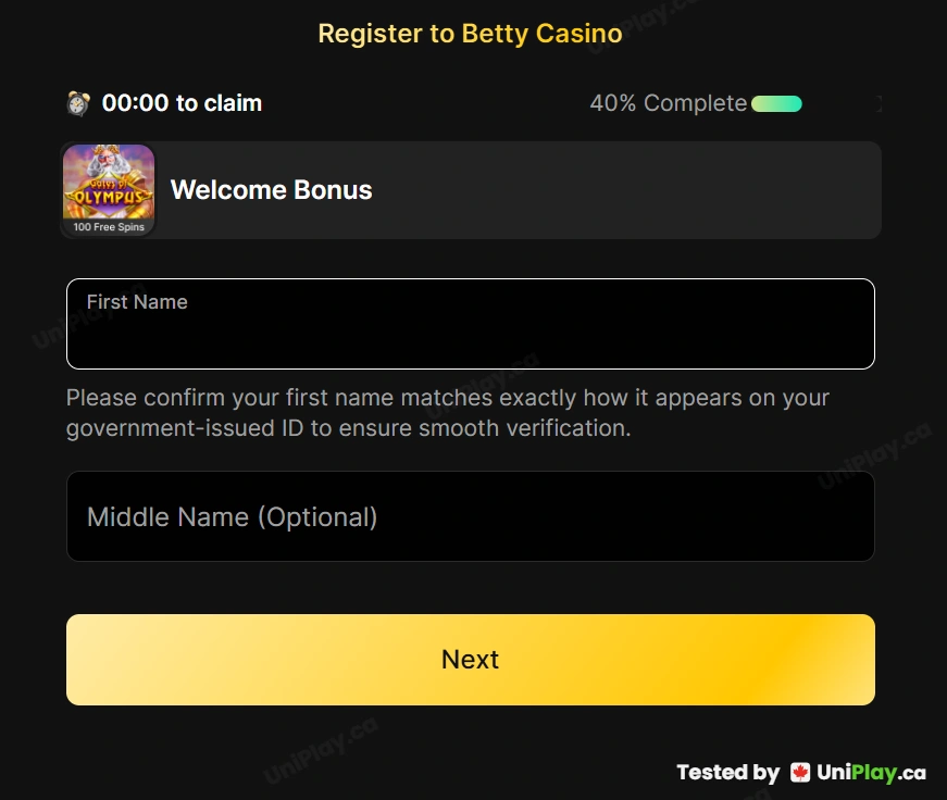 Betty Casino — registration step 5