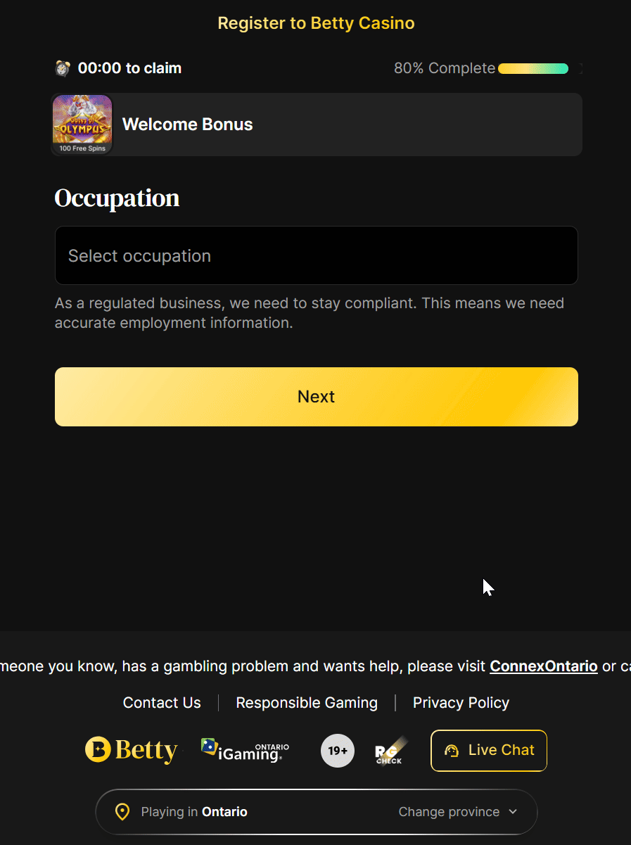 Betty Casino — registration step 9