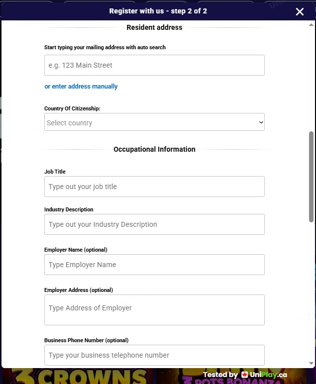 Play Fallsview — registration step 3