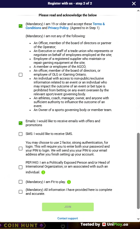 Play Fallsview — registration step 4