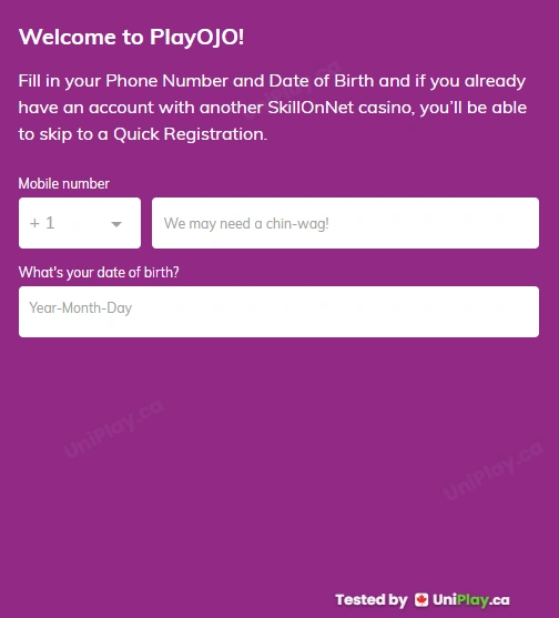 PlayOJO — registration step 1