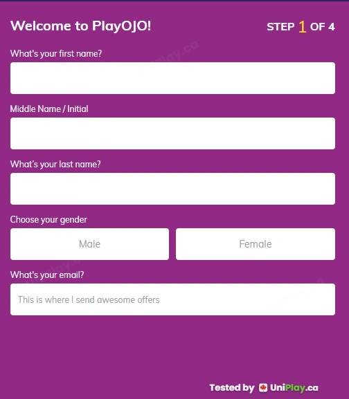 PlayOJO — registration step 2