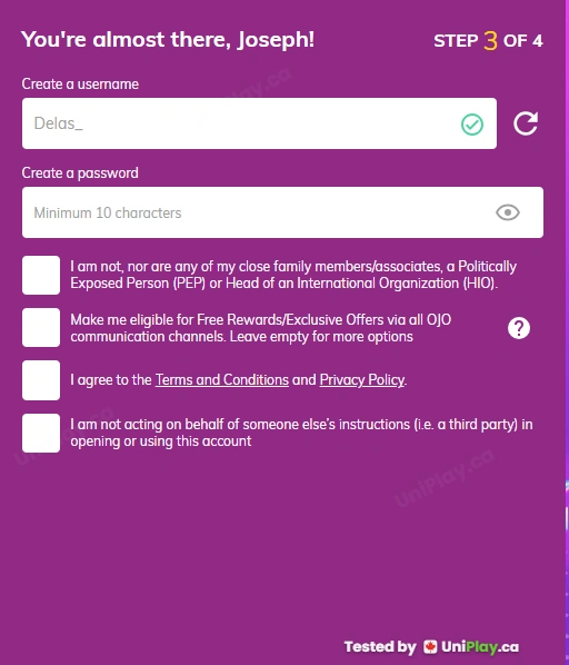 PlayOJO — registration step 4